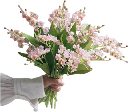 Artificial Lily of The Valley Faux White Bell Flowers Wind Chime Orchid , Outdoor Bridal Wedding Bouquet for Home Garden Party 8 Pcs (pink)