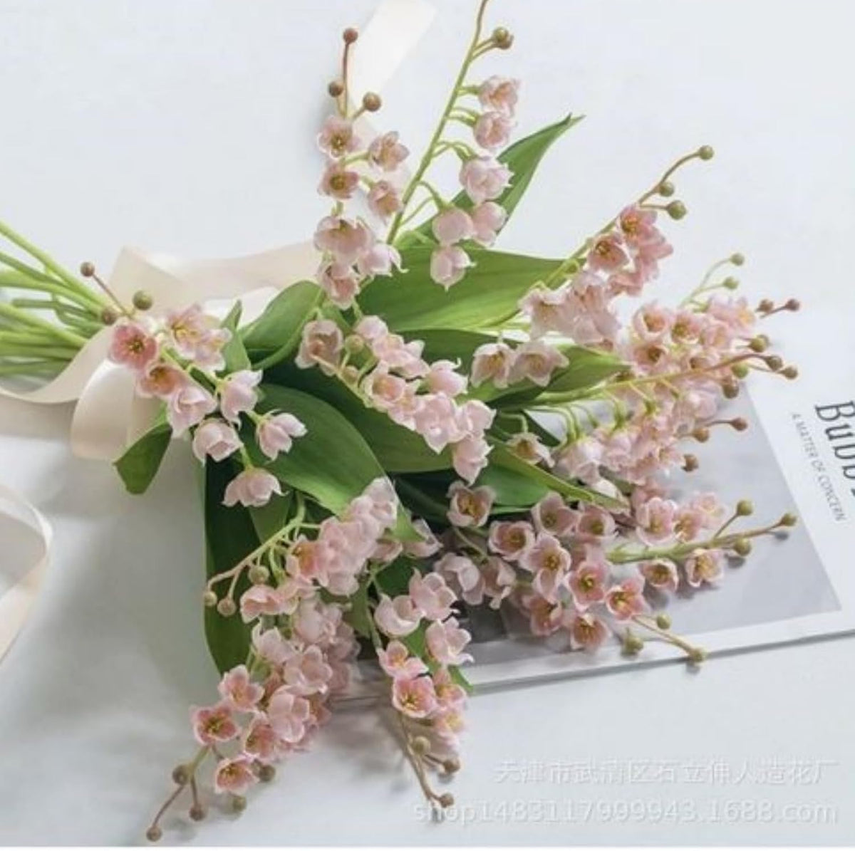 Artificial Lily of The Valley Faux White Bell Flowers Wind Chime Orchid , Outdoor Bridal Wedding Bouquet for Home Garden Party 8 Pcs (pink)