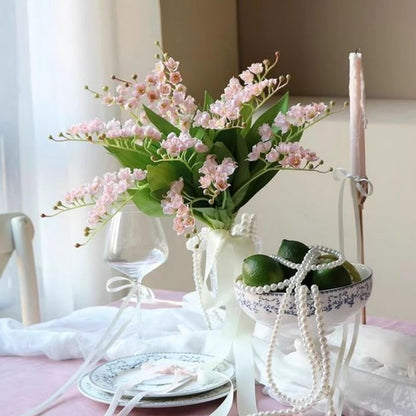 Artificial Lily of The Valley Faux White Bell Flowers Wind Chime Orchid , Outdoor Bridal Wedding Bouquet for Home Garden Party 8 Pcs (pink)