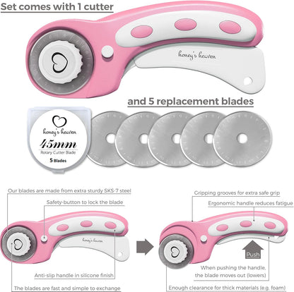 Rotary Cutter Set pink - Quilting Kit incl. 45mm Fabric Cutter, 5 Replacement Blades, A3 Cutting Mat, Acrylic Ruler and Craft Clips - Ideal for Crafting, Sewing, Patchworking, Crochet & Knitting y