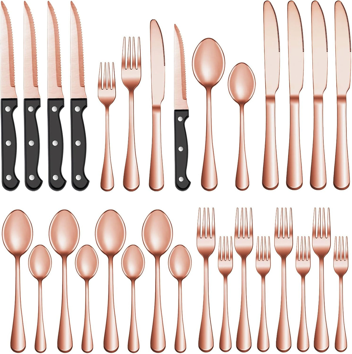 24 Pcs Rose Gold Silverware Set with Steak Knives, Stainless Steel Flatware Cutlery Set for 4, Kitchen Tableware Sets, Utensil Sets for Home and Restaurant, Dishwasher Safe