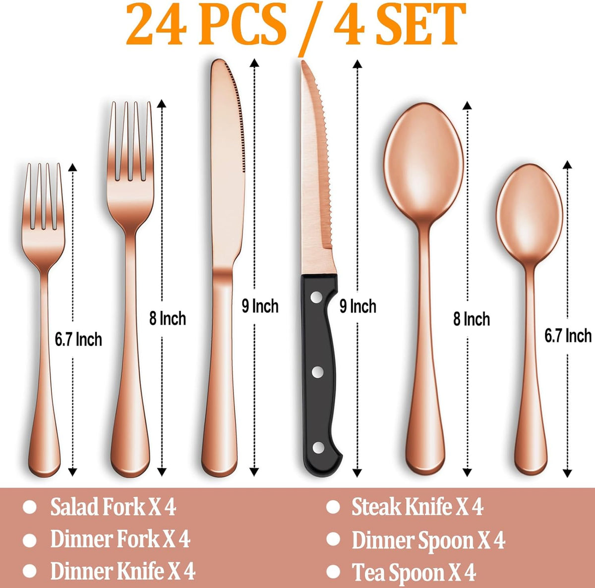 24 Pcs Rose Gold Silverware Set with Steak Knives, Stainless Steel Flatware Cutlery Set for 4, Kitchen Tableware Sets, Utensil Sets for Home and Restaurant, Dishwasher Safe