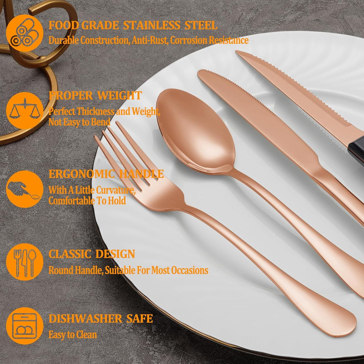 24 Pcs Rose Gold Silverware Set with Steak Knives, Stainless Steel Flatware Cutlery Set for 4, Kitchen Tableware Sets, Utensil Sets for Home and Restaurant, Dishwasher Safe