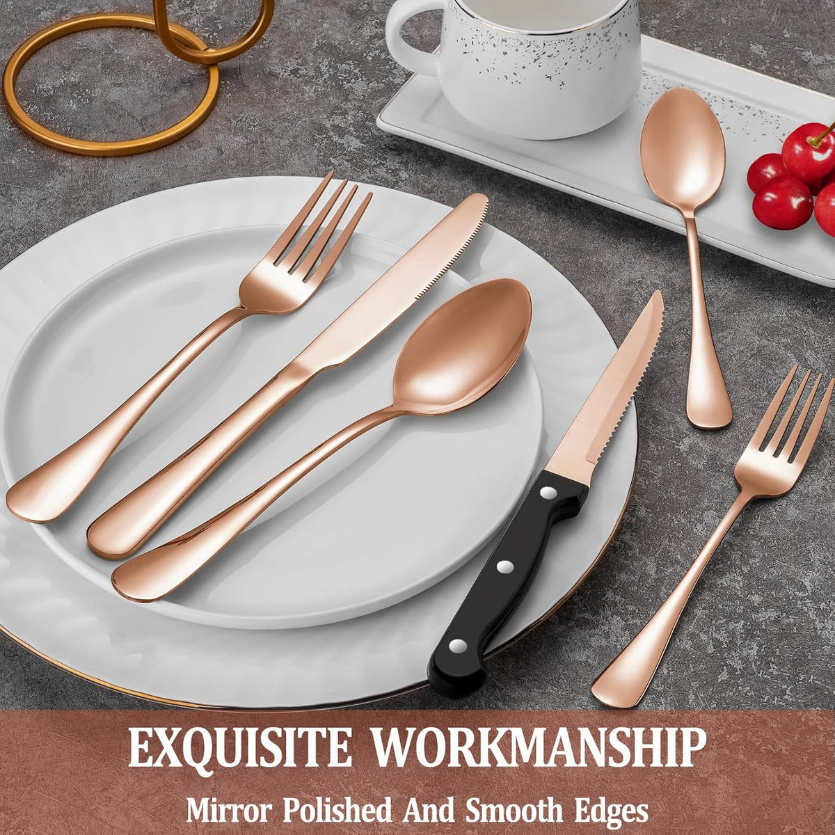 24 Pcs Rose Gold Silverware Set with Steak Knives, Stainless Steel Flatware Cutlery Set for 4, Kitchen Tableware Sets, Utensil Sets for Home and Restaurant, Dishwasher Safe