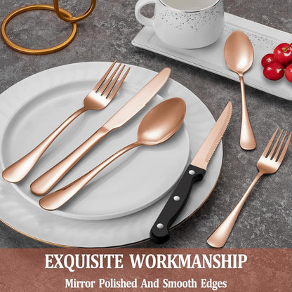 24 Pcs Rose Gold Silverware Set with Steak Knives, Stainless Steel Flatware Cutlery Set for 4, Kitchen Tableware Sets, Utensil Sets for Home and Restaurant, Dishwasher Safe