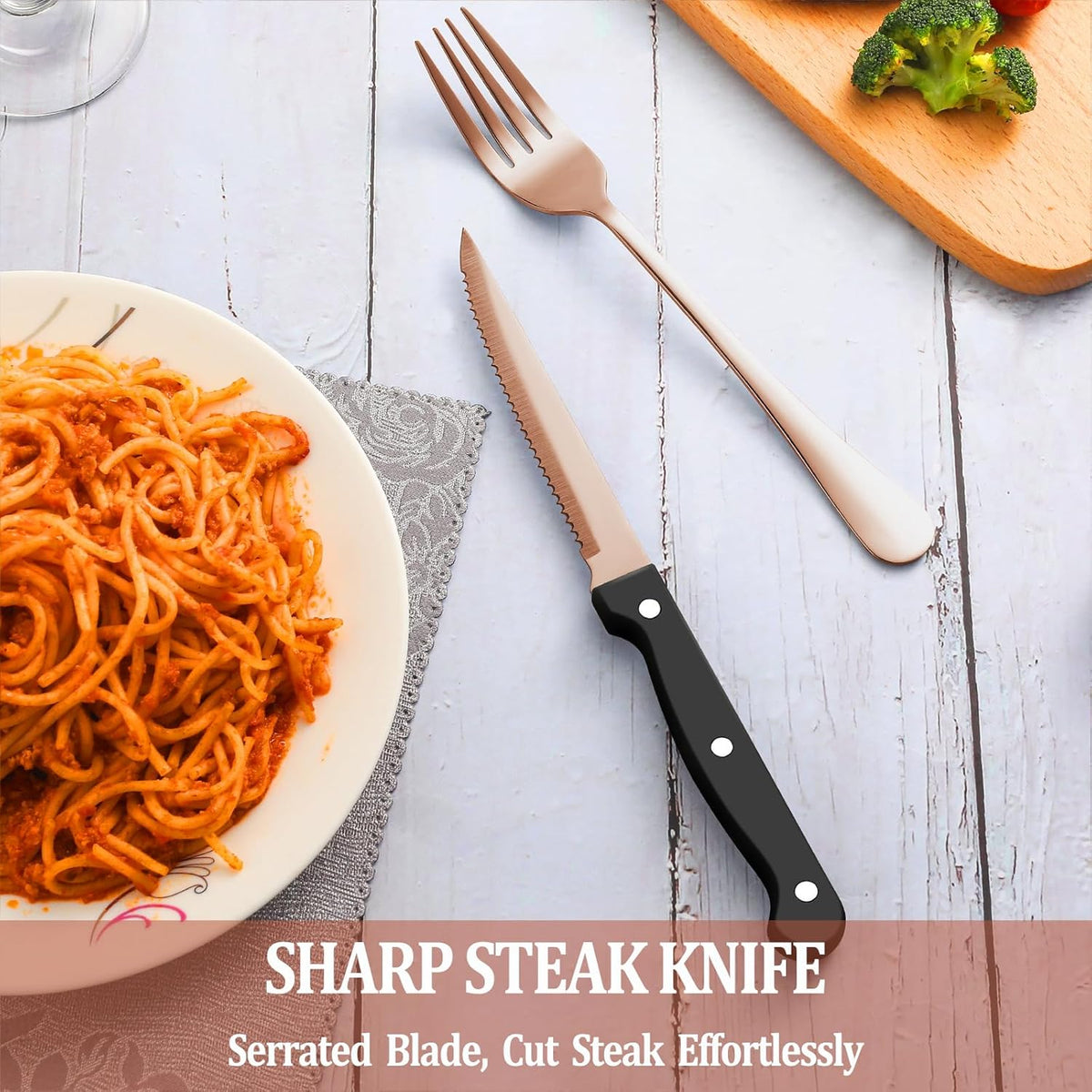 24 Pcs Rose Gold Silverware Set with Steak Knives, Stainless Steel Flatware Cutlery Set for 4, Kitchen Tableware Sets, Utensil Sets for Home and Restaurant, Dishwasher Safe