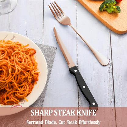 24 Pcs Rose Gold Silverware Set with Steak Knives, Stainless Steel Flatware Cutlery Set for 4, Kitchen Tableware Sets, Utensil Sets for Home and Restaurant, Dishwasher Safe
