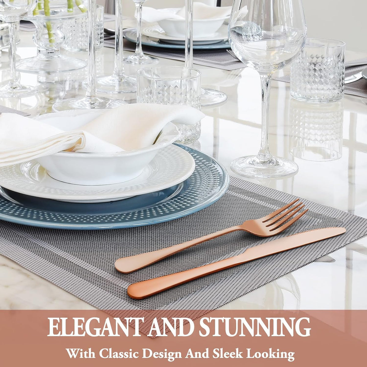 24 Pcs Rose Gold Silverware Set with Steak Knives, Stainless Steel Flatware Cutlery Set for 4, Kitchen Tableware Sets, Utensil Sets for Home and Restaurant, Dishwasher Safe