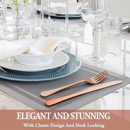 24 Pcs Rose Gold Silverware Set with Steak Knives, Stainless Steel Flatware Cutlery Set for 4, Kitchen Tableware Sets, Utensil Sets for Home and Restaurant, Dishwasher Safe