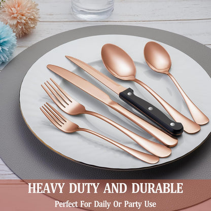 24 Pcs Rose Gold Silverware Set with Steak Knives, Stainless Steel Flatware Cutlery Set for 4, Kitchen Tableware Sets, Utensil Sets for Home and Restaurant, Dishwasher Safe