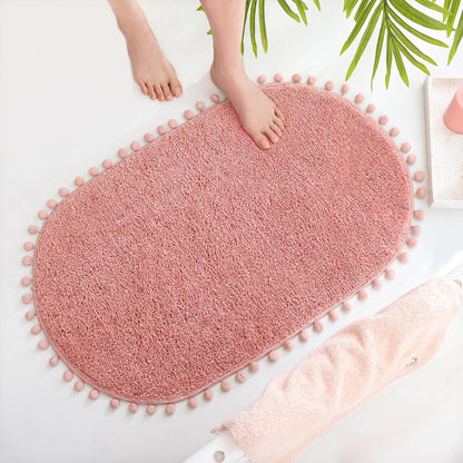 Oval Rug for Bathroom, Cute Boho Bath Mat with Pom, Dusty Pink