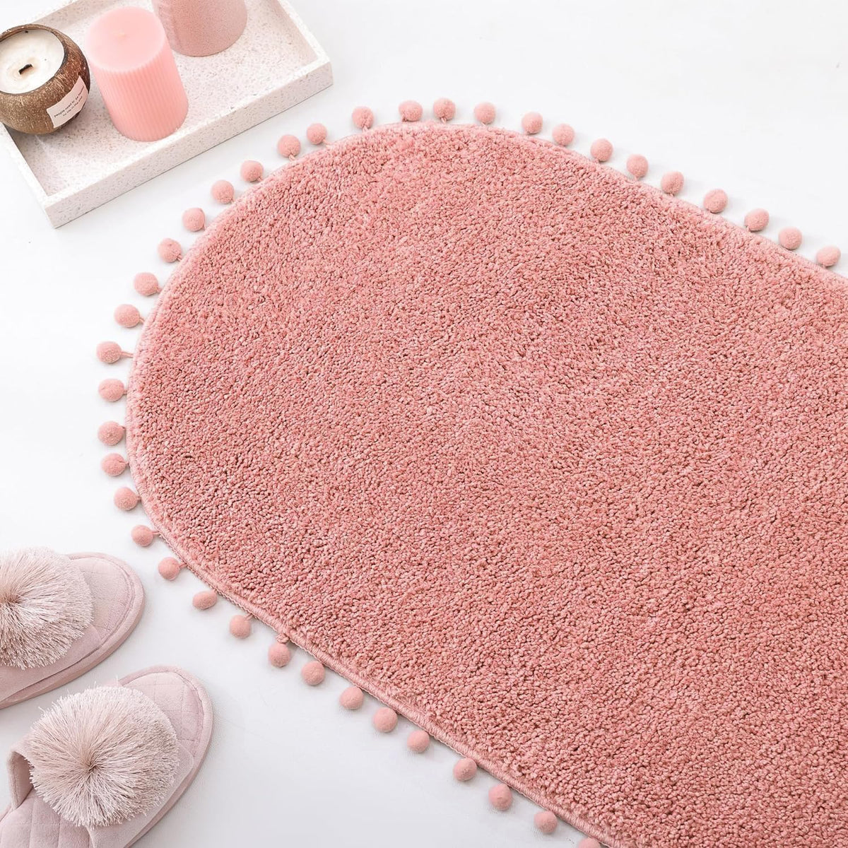 Oval Rug for Bathroom, Cute Boho Bath Mat with Pom, Dusty Pink