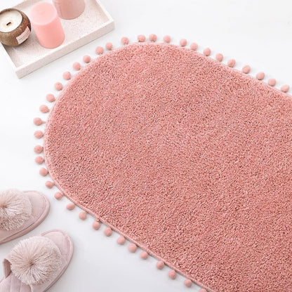 Oval Rug for Bathroom, Cute Boho Bath Mat with Pom, Dusty Pink