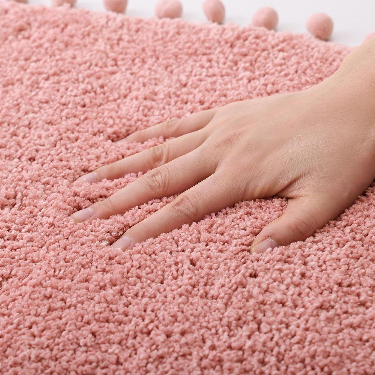 Oval Rug for Bathroom, Cute Boho Bath Mat with Pom, Dusty Pink
