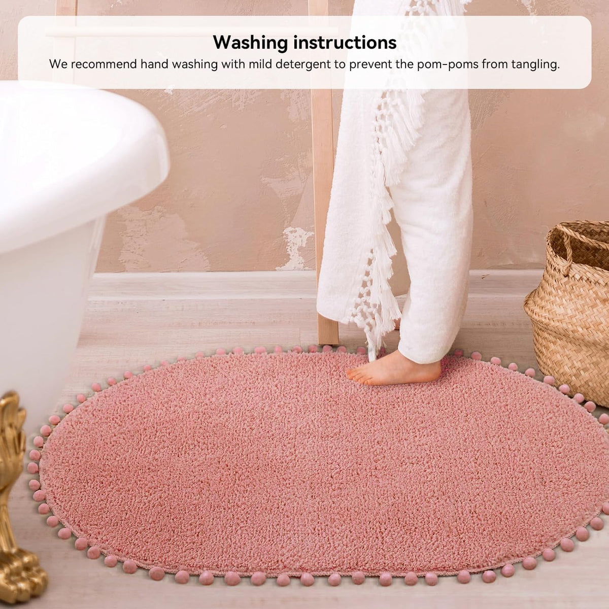 Oval Rug for Bathroom, Cute Boho Bath Mat with Pom, Dusty Pink