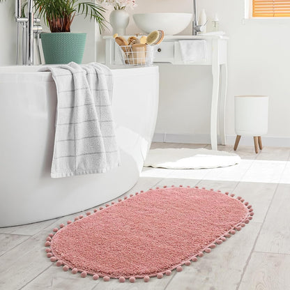 Oval Rug for Bathroom, Cute Boho Bath Mat with Pom, Dusty Pink