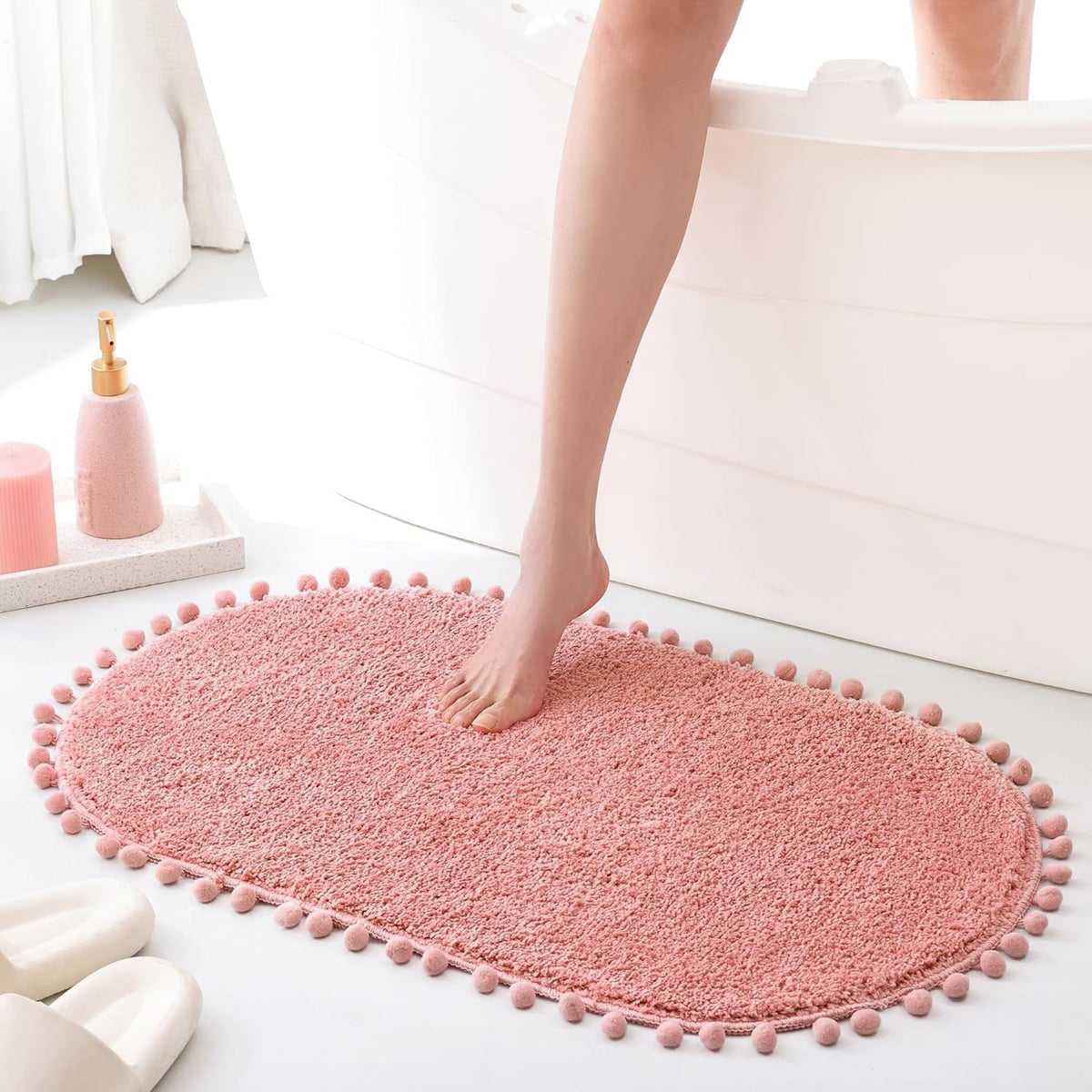 Oval Rug for Bathroom, Cute Boho Bath Mat with Pom, Dusty Pink