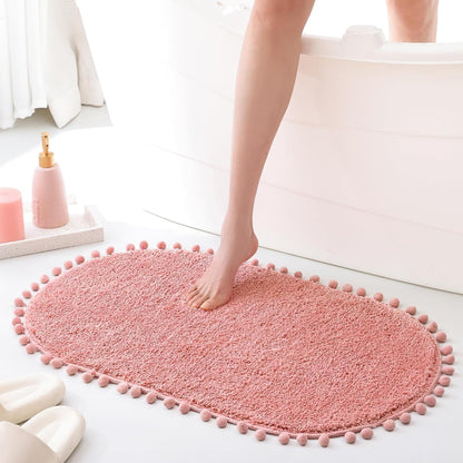 Oval Rug for Bathroom, Cute Boho Bath Mat with Pom, Dusty Pink