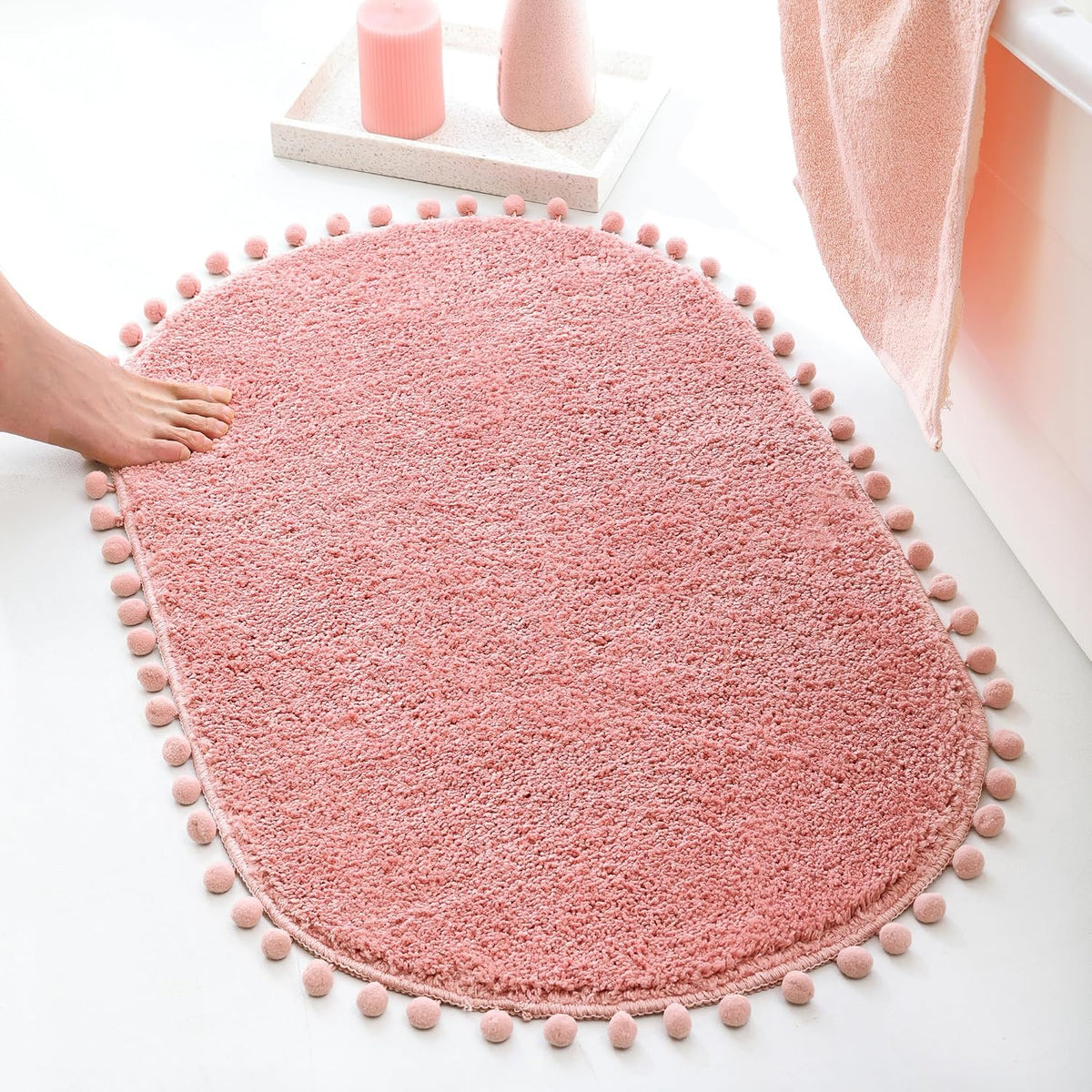 Oval Rug for Bathroom, Cute Boho Bath Mat with Pom, Dusty Pink