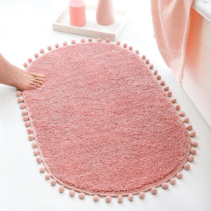 Oval Rug for Bathroom, Cute Boho Bath Mat with Pom, Dusty Pink