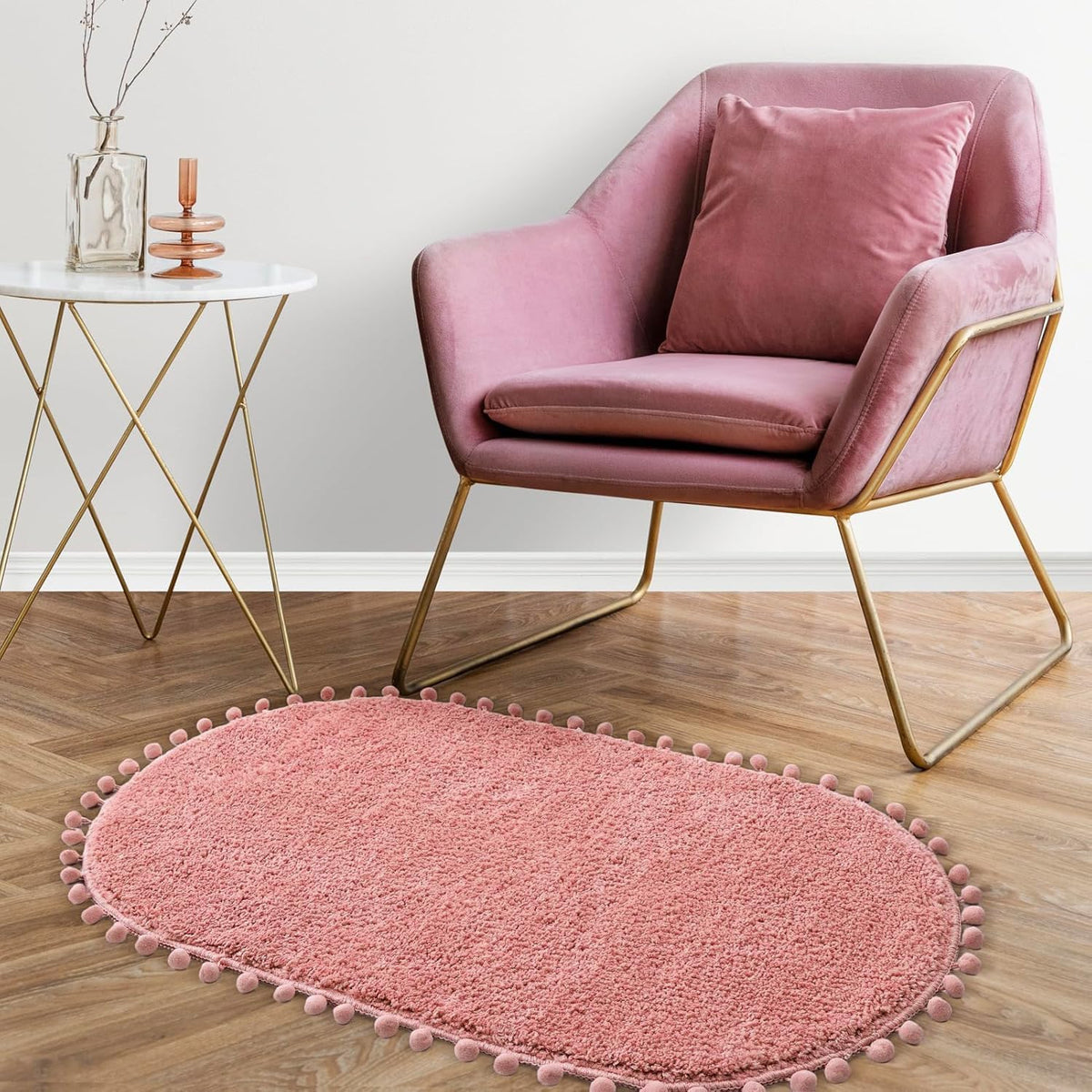 Oval Rug for Bathroom, Cute Boho Bath Mat with Pom, Dusty Pink