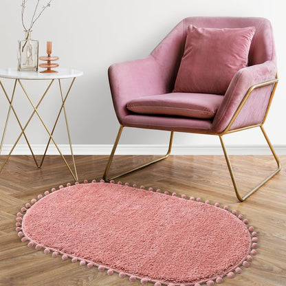 Oval Rug for Bathroom, Cute Boho Bath Mat with Pom, Dusty Pink