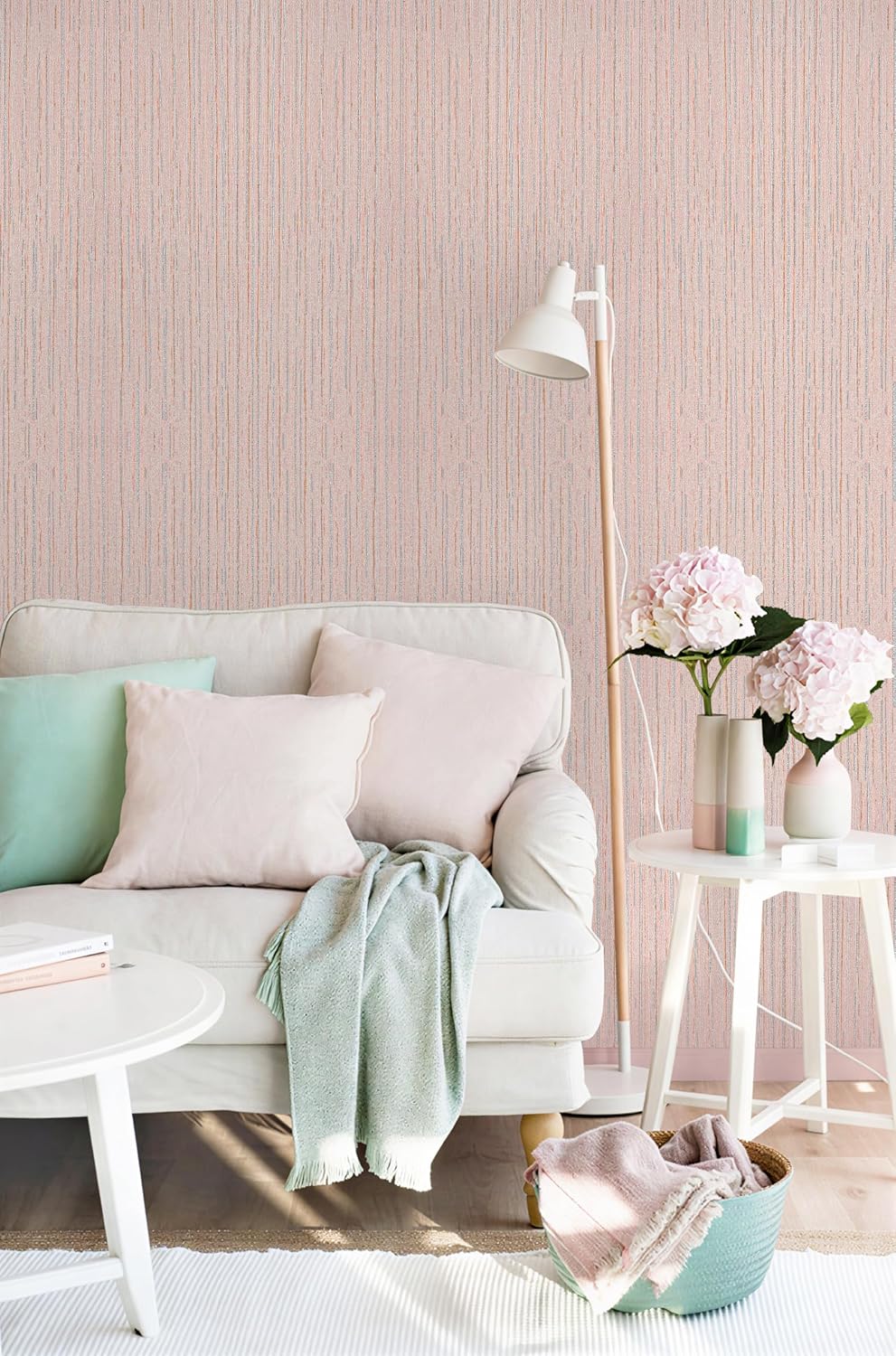 Pink Peel and Stick Wallpaper, Vintage Self-Adhesive Removable Grasscloth Wallpaper Teal Green Vinyl Textured Contact Paper for Room Walls Cabinets Furniture Drawers Desk 17.3" x 118"