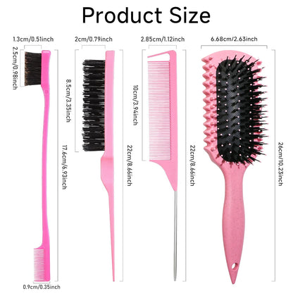 Curl Defining Brush, Curly Hair Brush Products With 3 Pcs Slick Back Hair Brush Set Bristle Brush Edge Control Teasing Comb for women (Pink)