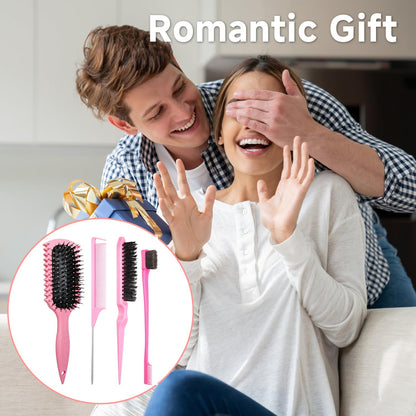 Curl Defining Brush, Curly Hair Brush Products With 3 Pcs Slick Back Hair Brush Set Bristle Brush Edge Control Teasing Comb for women (Pink)