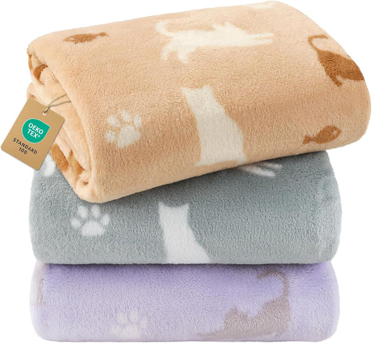 Luciphia 3 Pack Cat Blankets, Soft Fluffy Fleece Blanket with Cute Cat Print, Cozy Small Pet Throw Blanket for Cat Bed Carrier Couch Travel, Machine Washable, Purple/Grey/Khaki,23x16