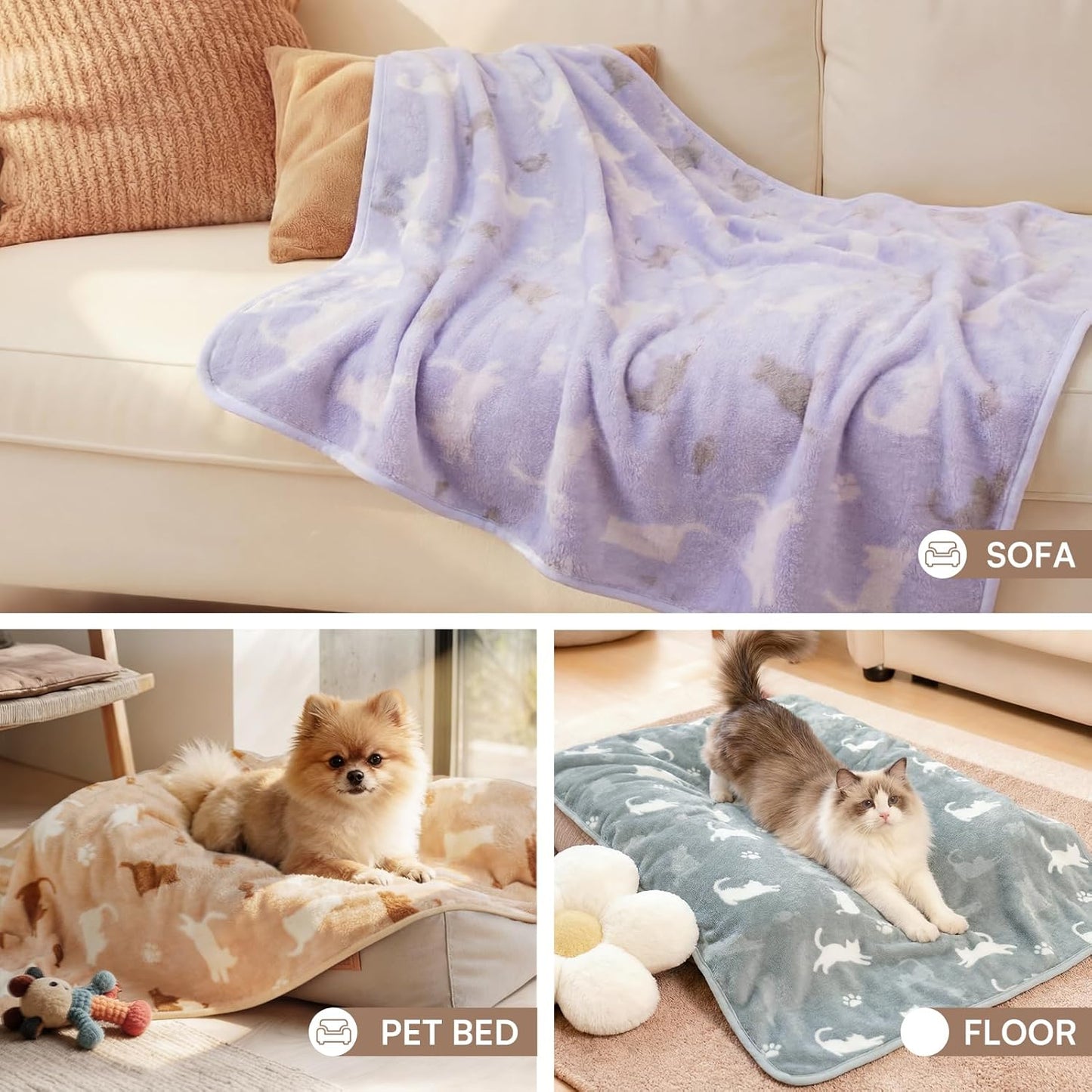 Luciphia 3 Pack Cat Blankets, Soft Fluffy Fleece Blanket with Cute Cat Print, Cozy Small Pet Throw Blanket for Cat Bed Carrier Couch Travel, Machine Washable, Purple/Grey/Khaki,23x16