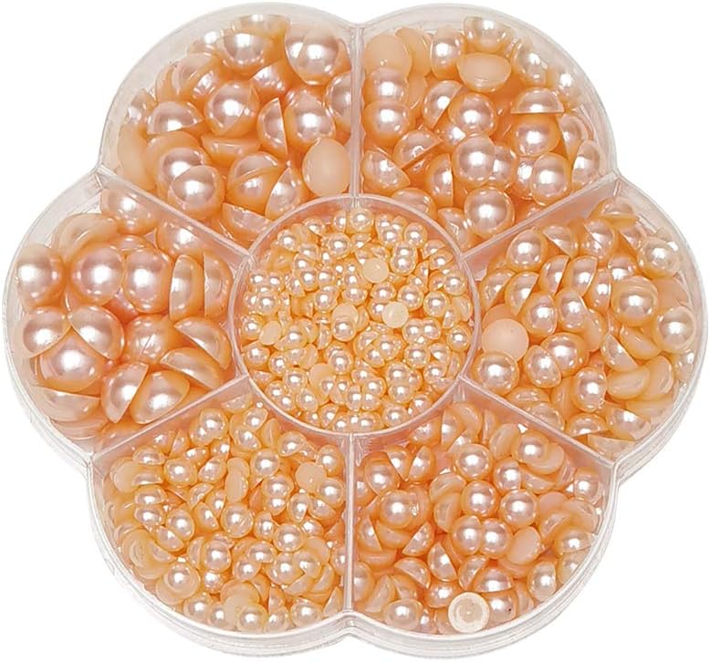 Around 1900pcs Peach Assorted 7 Sizes Half Pearl Bead Flat Back Gem Scrapbook Craft DIY Loose Beads + Plastic Box (Peach)