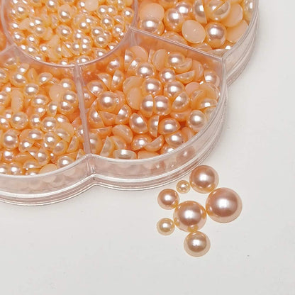 Around 1900pcs Peach Assorted 7 Sizes Half Pearl Bead Flat Back Gem Scrapbook Craft DIY Loose Beads + Plastic Box (Peach)