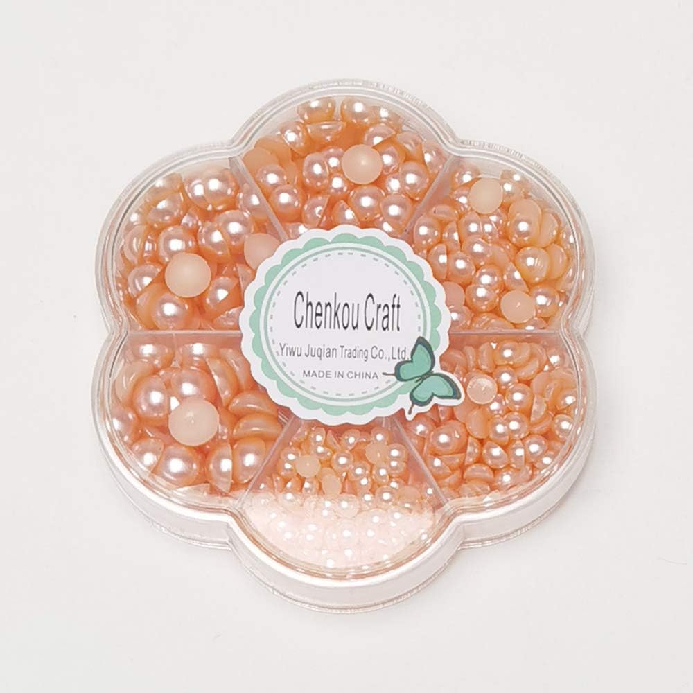 Around 1900pcs Peach Assorted 7 Sizes Half Pearl Bead Flat Back Gem Scrapbook Craft DIY Loose Beads + Plastic Box (Peach)