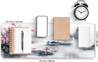 Gaming Mouse Pad, Large 31.5 x 11.8 inches Mousepad, Long Keyboard Pad, Cute Mouse Mat for Computer with Stitched Edges and Non-Slip Base (Pink Cherry Blossoms)