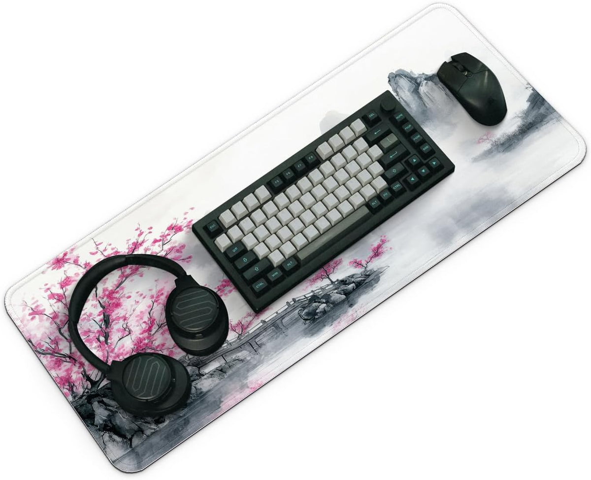 Gaming Mouse Pad, Large 31.5 x 11.8 inches Mousepad, Long Keyboard Pad, Cute Mouse Mat for Computer with Stitched Edges and Non-Slip Base (Pink Cherry Blossoms)