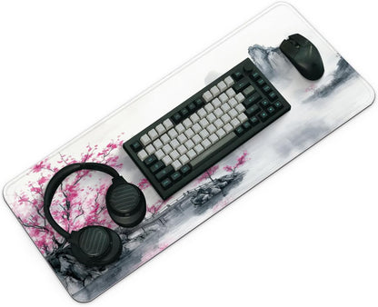 Gaming Mouse Pad, Large 31.5 x 11.8 inches Mousepad, Long Keyboard Pad, Cute Mouse Mat for Computer with Stitched Edges and Non-Slip Base (Pink Cherry Blossoms)