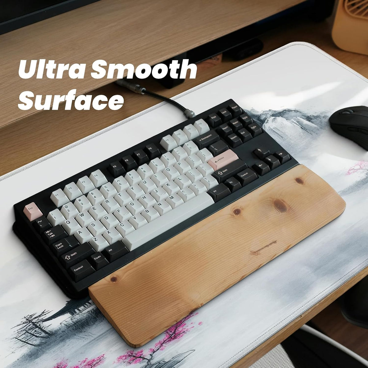 Gaming Mouse Pad, Large 31.5 x 11.8 inches Mousepad, Long Keyboard Pad, Cute Mouse Mat for Computer with Stitched Edges and Non-Slip Base (Pink Cherry Blossoms)
