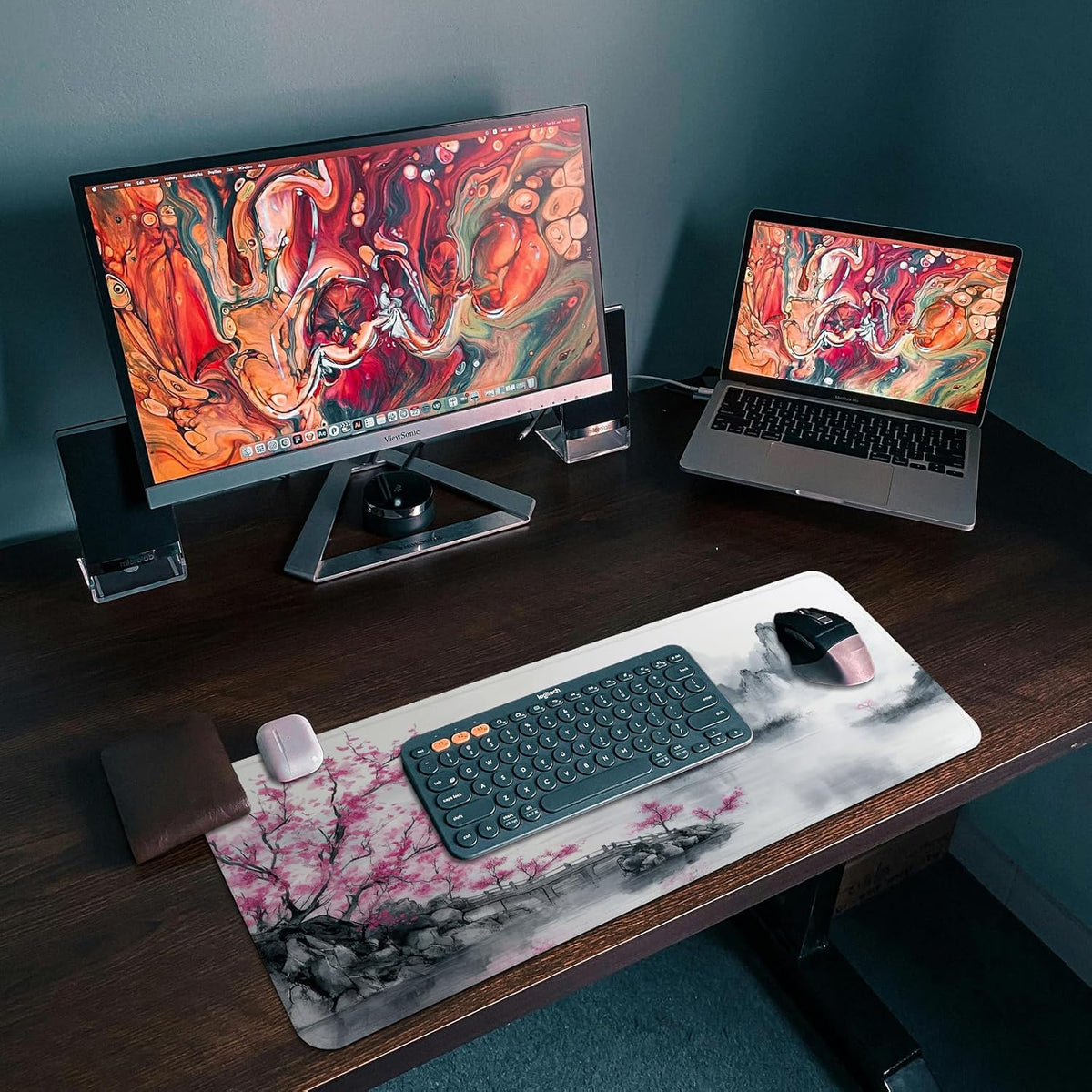Gaming Mouse Pad, Large 31.5 x 11.8 inches Mousepad, Long Keyboard Pad, Cute Mouse Mat for Computer with Stitched Edges and Non-Slip Base (Pink Cherry Blossoms)