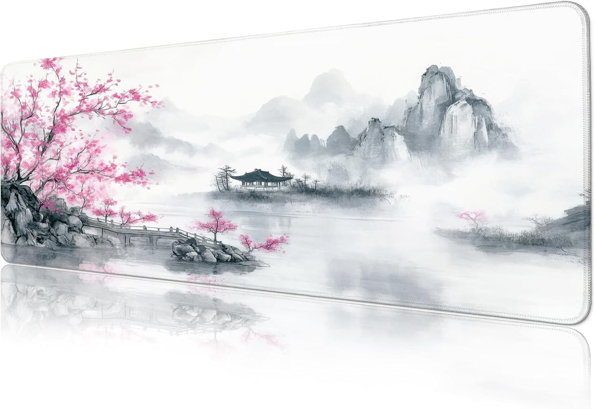 Gaming Mouse Pad, Large 31.5 x 11.8 inches Mousepad, Long Keyboard Pad, Cute Mouse Mat for Computer with Stitched Edges and Non-Slip Base (Pink Cherry Blossoms)