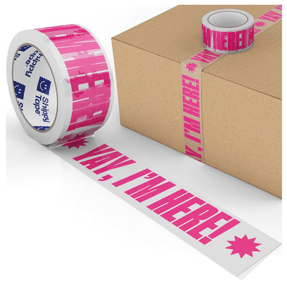 Fun Decorative Packing Tape for Small Business - Cute Designer Printed Packaging and Shipping Tape - 1.88" x 110 Yards (330 feet) - Yay, I'm Here! Clear Hot Pink