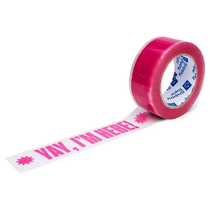 Fun Decorative Packing Tape for Small Business - Cute Designer Printed Packaging and Shipping Tape - 1.88" x 110 Yards (330 feet) - Yay, I'm Here! Clear Hot Pink