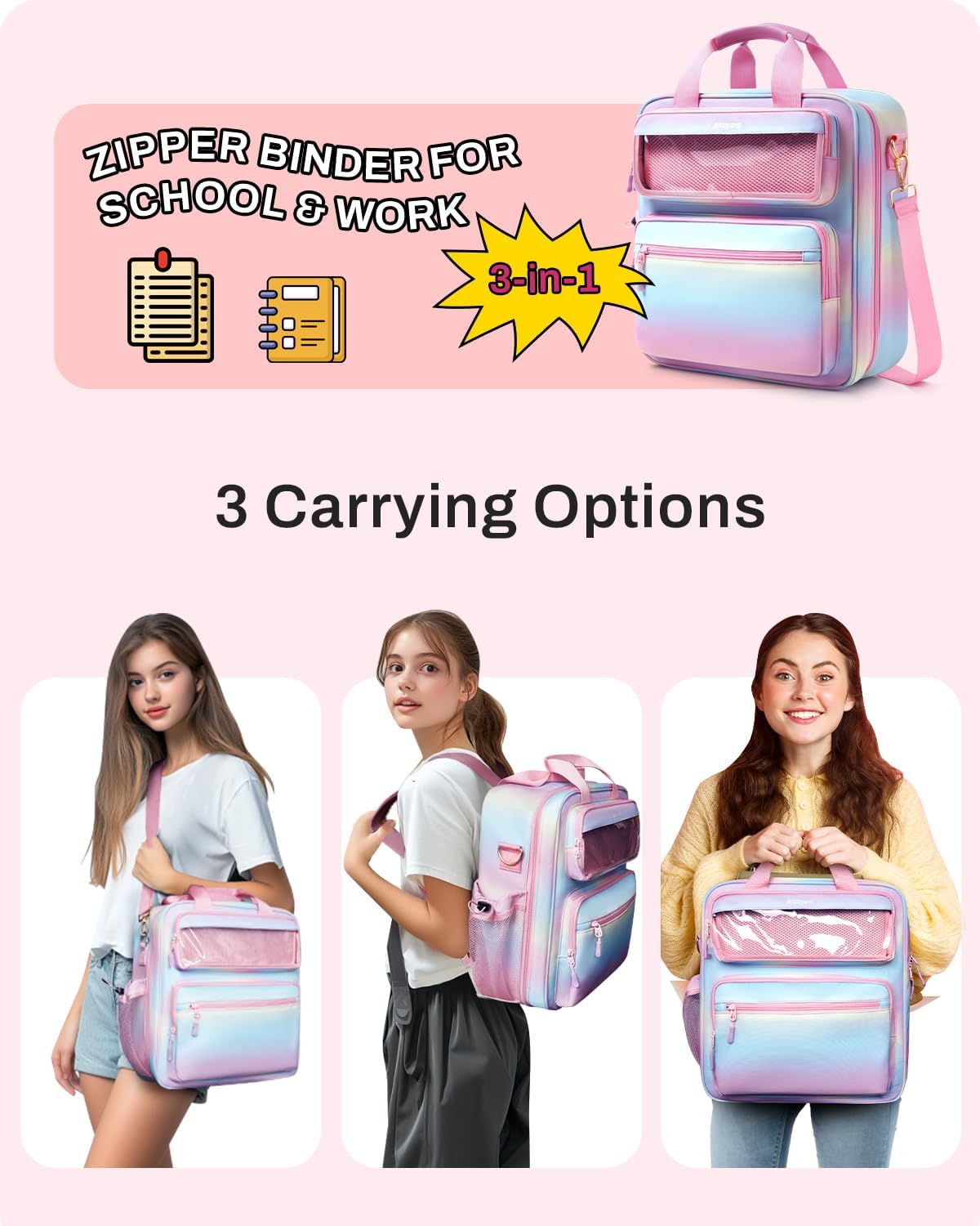 Zipper Binder 3 Ring with Ita Window, 3 Inch Binder with Zipper D-Ring Fits 14 in Laptop, 3-in-1 Shoulder/Backpack/Handle 600 Sheets Capacity for School & Office – Pink Blue