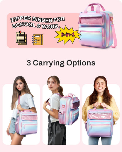 Zipper Binder 3 Ring with Ita Window, 3 Inch Binder with Zipper D-Ring Fits 14 in Laptop, 3-in-1 Shoulder/Backpack/Handle 600 Sheets Capacity for School & Office – Pink Blue