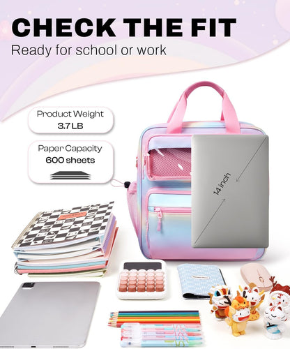 Zipper Binder 3 Ring with Ita Window, 3 Inch Binder with Zipper D-Ring Fits 14 in Laptop, 3-in-1 Shoulder/Backpack/Handle 600 Sheets Capacity for School & Office – Pink Blue