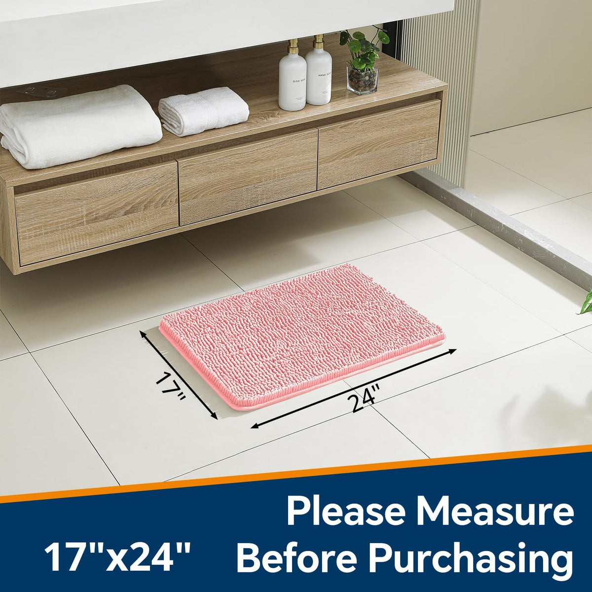 Chenille Bathroom Rug 17"x24" Pink, Non-Slip Plush Bath Mat