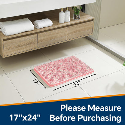 Chenille Bathroom Rug 17"x24" Pink, Non-Slip Plush Bath Mat