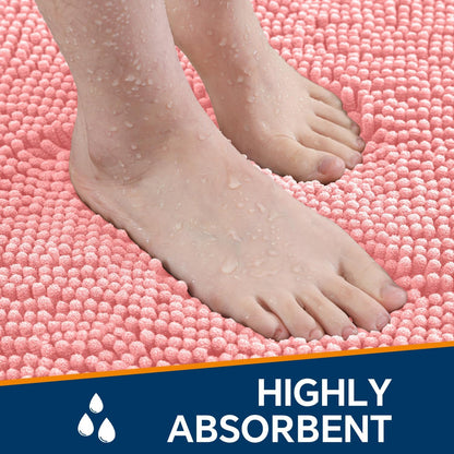 Chenille Bathroom Rug 17"x24" Pink, Non-Slip Plush Bath Mat