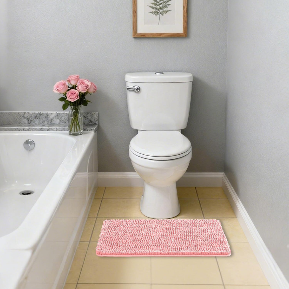 Chenille Bathroom Rug 17"x24" Pink, Non-Slip Plush Bath Mat