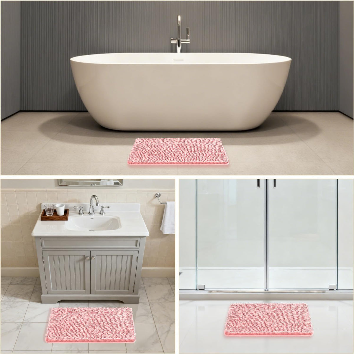 Chenille Bathroom Rug 17"x24" Pink, Non-Slip Plush Bath Mat